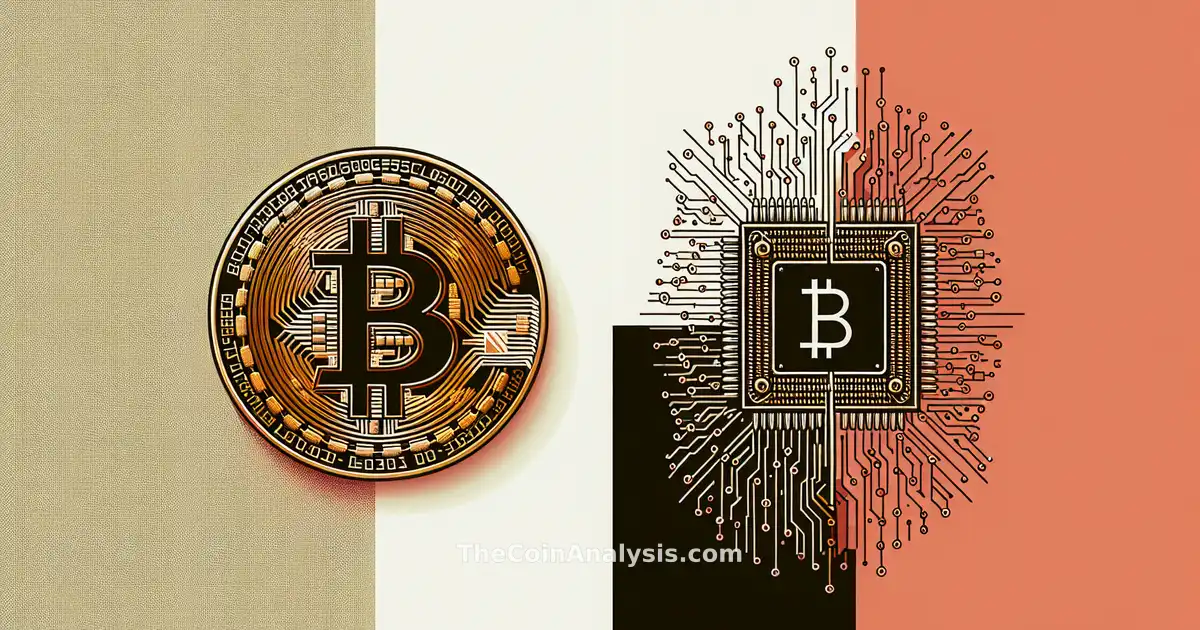 Stylized gold Bitcoin dissolving into digital code facing a large abstract quantum chip on dark background