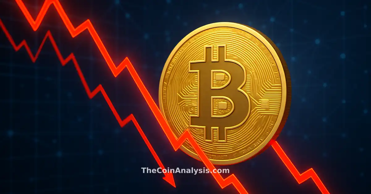 Golden Bitcoin coin surrounded by descending red chart lines and digital network graphics in a news style layout