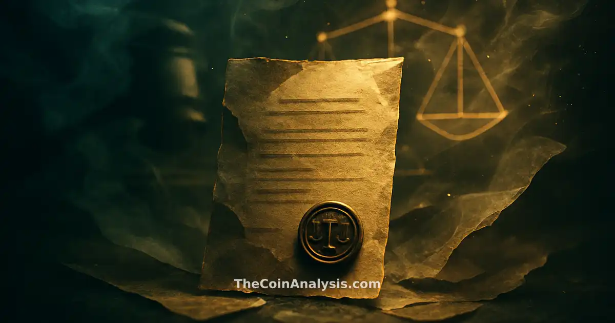 Abstract stylized document with a symbolic seal, glowing network filaments, and faint gavel and justice scales silhouettes.