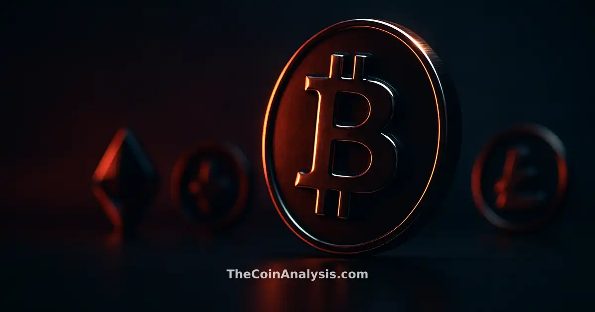 Glossy 3D Bitcoin coin with golden rim light emerging from dark navy background, dramatic low-angle lighting.