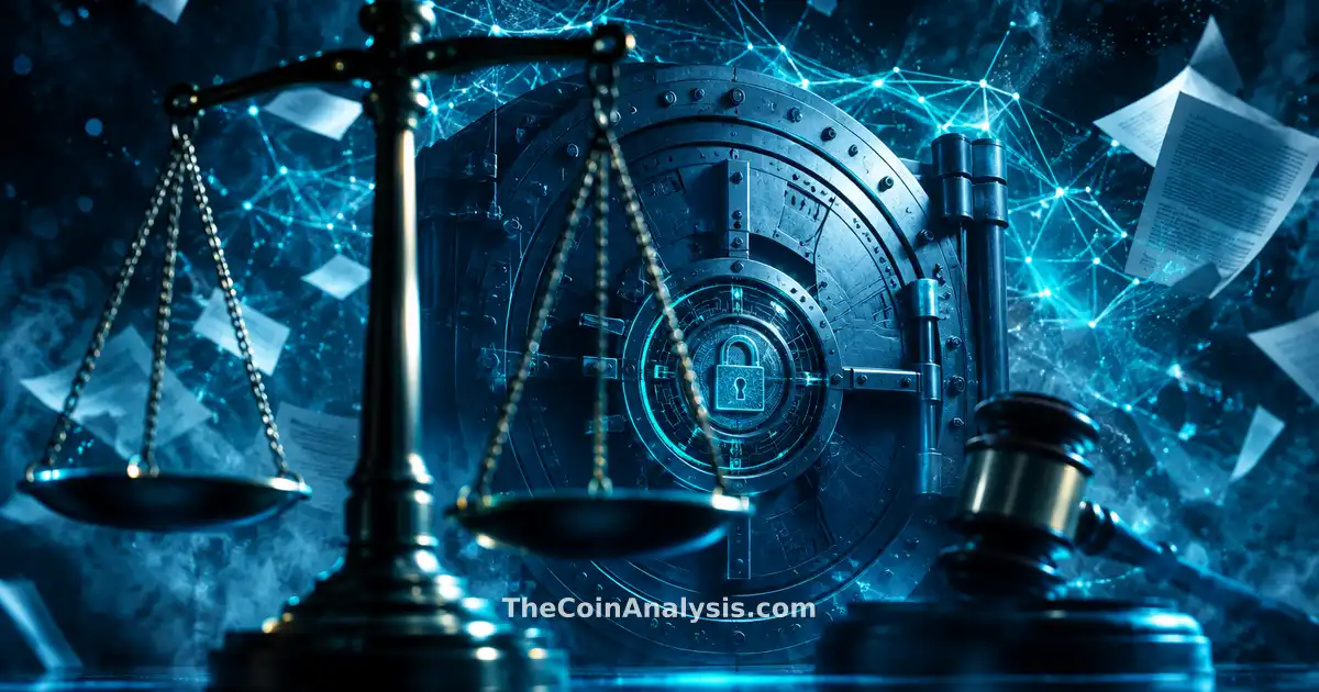 Stylized digital vault with cryptographic lock, geometric scales of justice, faint gavel, and scattered documents.