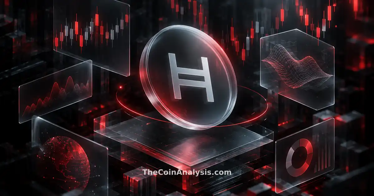 Isometric data visualization with frosted-glass panels and a glowing semi-transparent Hedera token over market candles