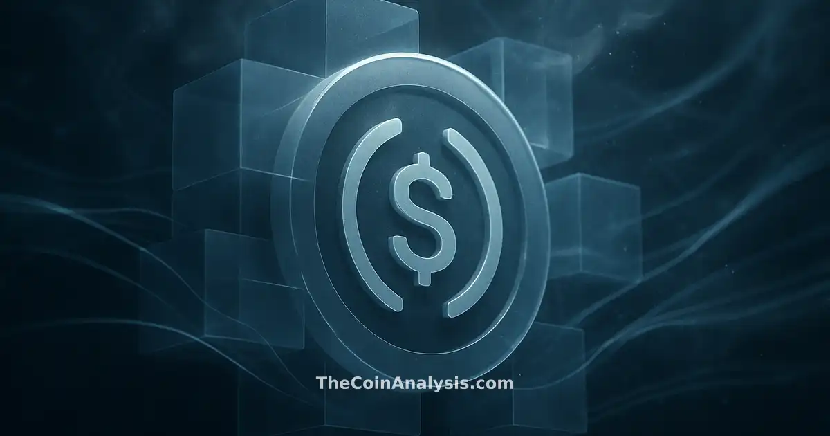 Stylized USD Coin symbol surrounded by translucent blocks, hex grid, and flowing data ribbons in slate grey and blue.
