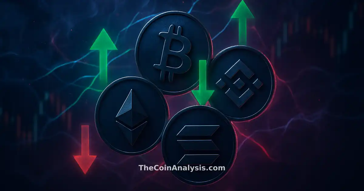 Four stylized crypto tokens with glowing network filaments, green upward and red downward arrows, and faint market candles.