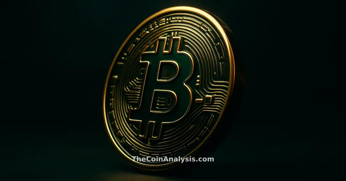 Glossy 3D Bitcoin coin with golden rim light against deep navy backdrop and soft bokeh, cinematic fintech style