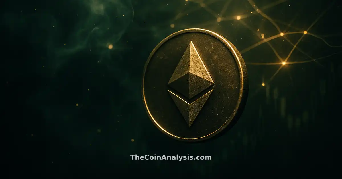 Stylized glowing Ethereum token with smoke and light particles, set against dark green and gold abstract market candles.