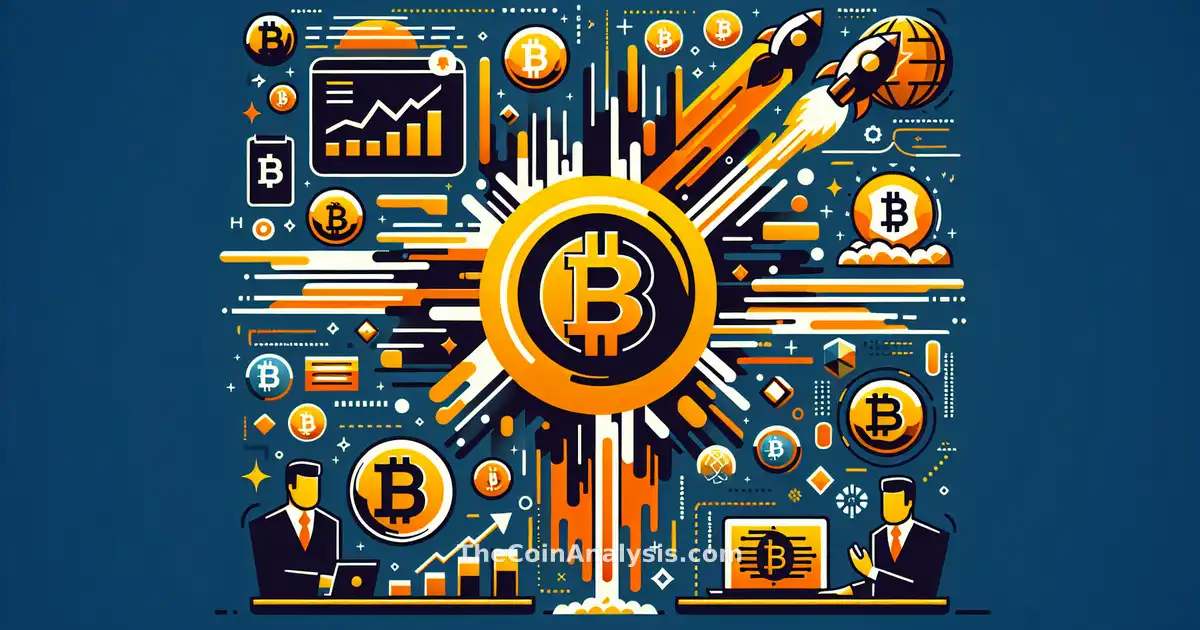 Digital illustration of bold Bitcoin symbols intertwined with financial graphs and abstract corporate icons.