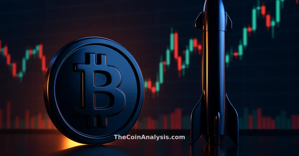 3D glossy Bitcoin coin and SpaceX rocket silhouettes with candlestick charts and dramatic lighting in background