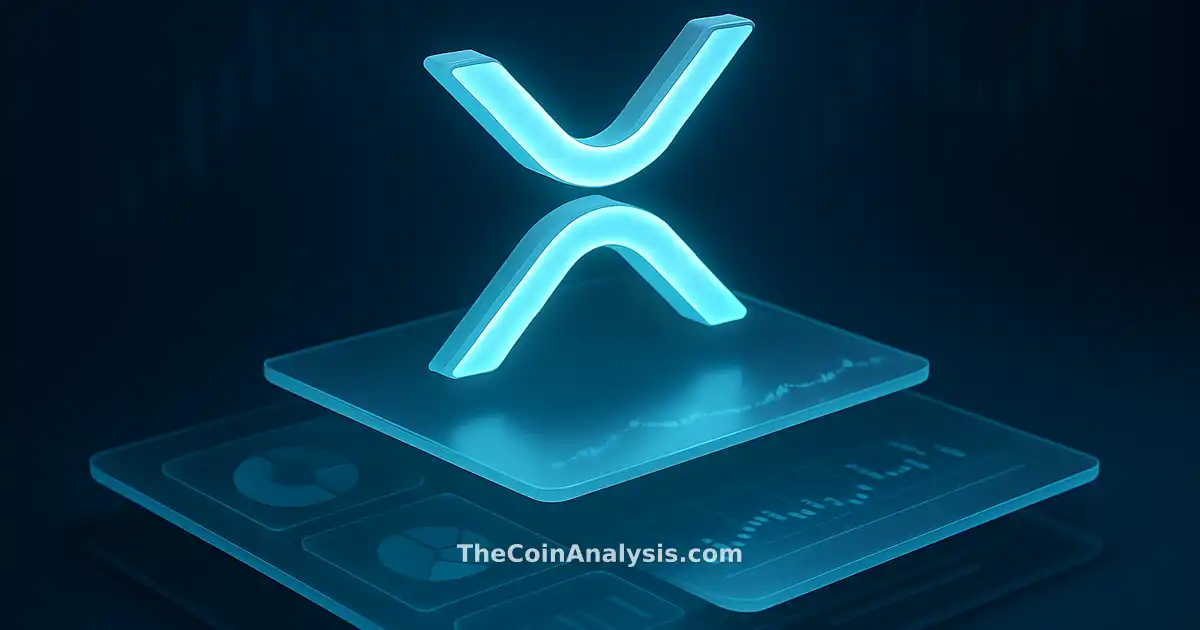 Isometric digital illustration of a glowing XRP token hovering above frosted glass panels with market candle charts.