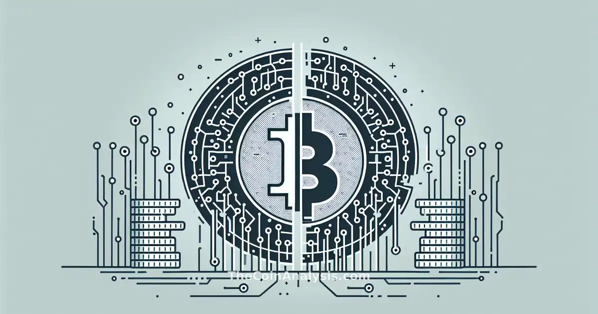 Minimalist illustration of cracked Coinbase logo with fading digital coins and AI circuit lines in background.
