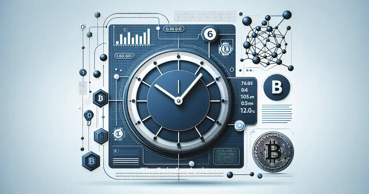 Digital infographic showing a Bitcoin coin, quantum computer symbols, and a digital countdown clock with network nodes.