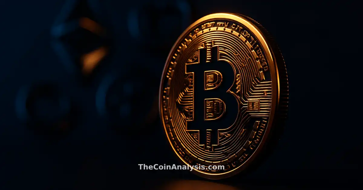 3D glossy Bitcoin coin with glowing golden rim light against deep navy background and abstract crypto shapes
