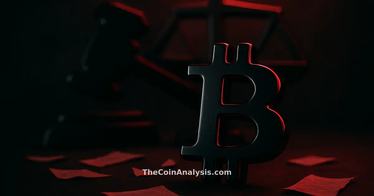 Stylized glossy Bitcoin symbol with fragmented gavel and scales of justice amid scattered documents on dark backdrop