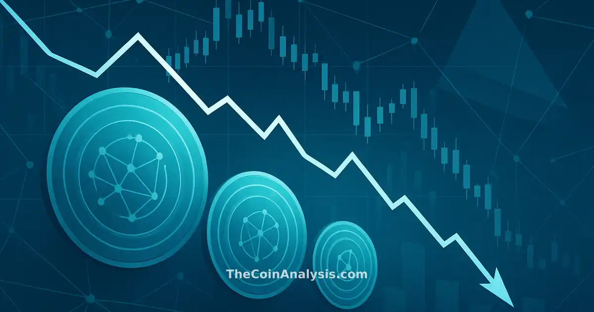 Abstract digital coins and network lines over a plunging stock chart with geometric shapes in cool blue tones