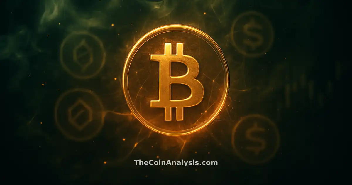 Stylized Bitcoin symbol glowing amid smoky green and gold network filaments with faint token glyphs and candle silhouettes