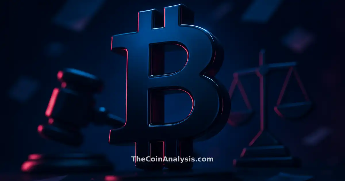 Glossy 3D Bitcoin symbol with abstract gavel and scales of justice, floating fragmented documents on dark backdrop