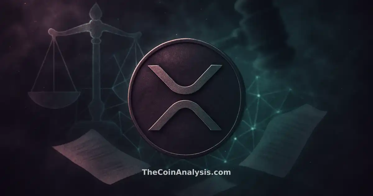 Stylized XRP symbol glowing amid geometric scales of justice, abstract gavel, and floating document fragments.