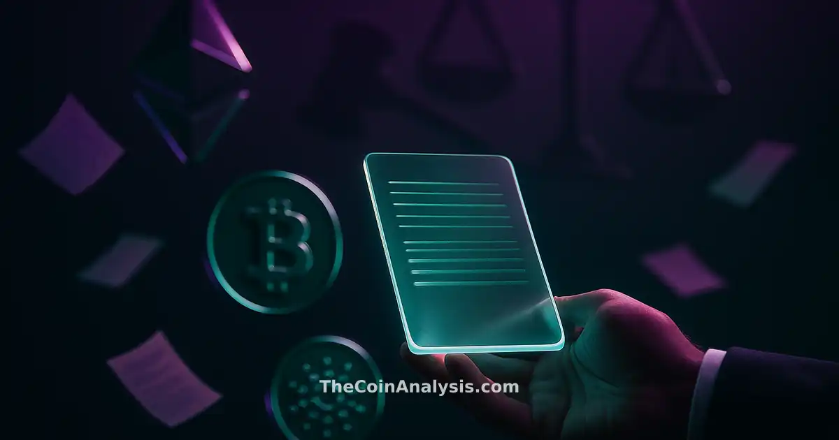 Futuristic hand holding translucent digital ledger tablet with floating document fragments and justice symbols.
