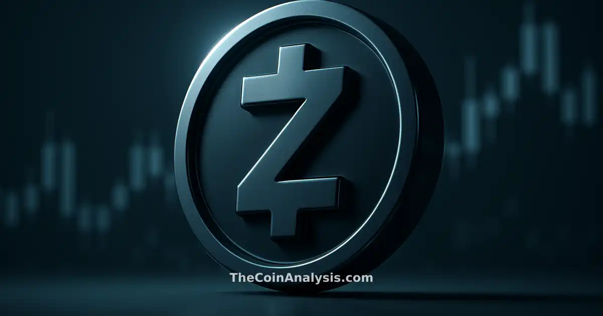Glossy 3D stylized Zcash token with sharp rim light, set against blurred blue-grey market candles background.