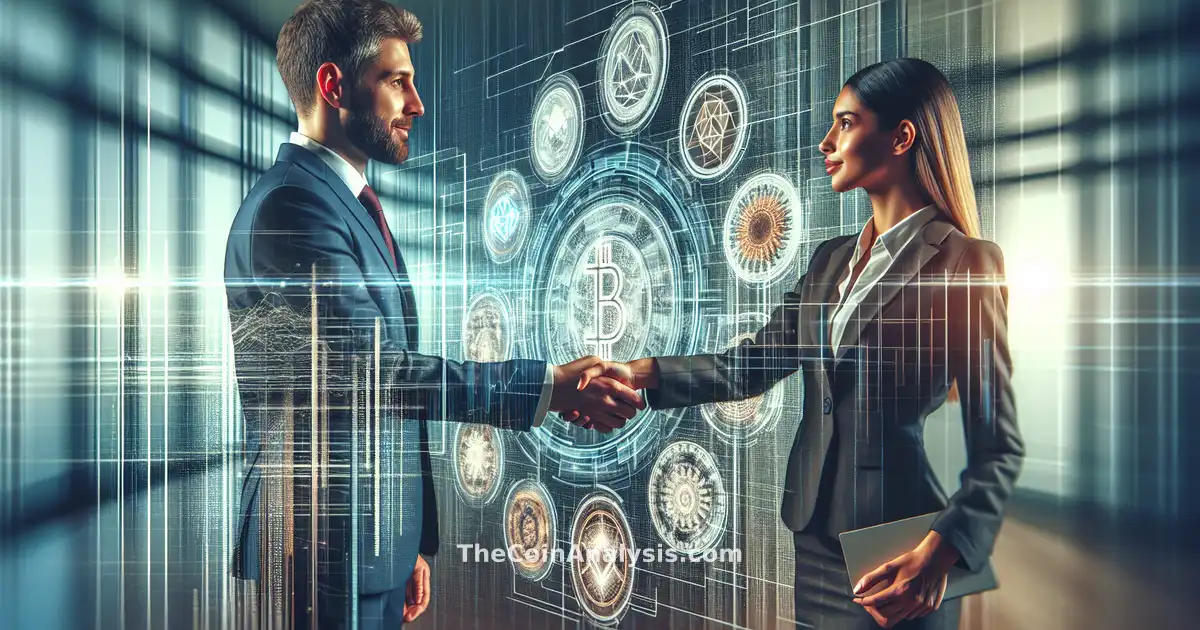 Business handshake overlaid with glowing cryptocurrency symbols and ascending financial graphs on digital screen