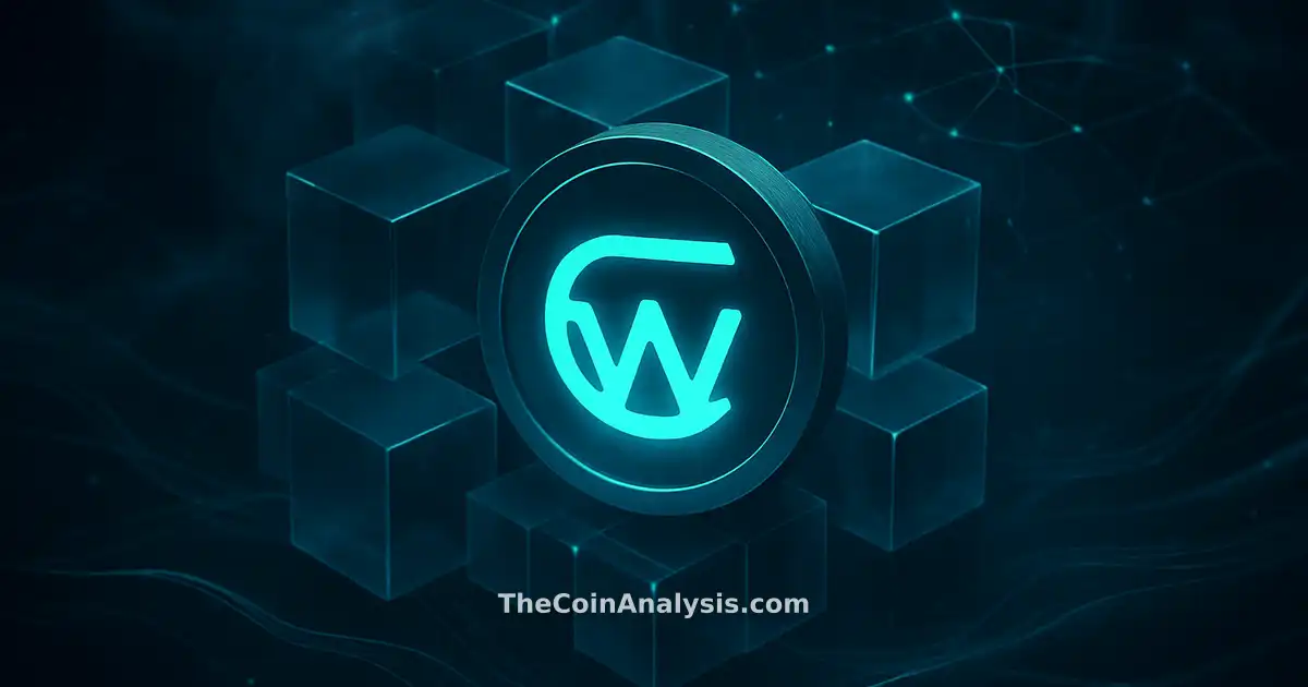 Luminous WLD symbol amid interlocking translucent blocks, hex grids, and flowing data ribbons in teal and navy tones