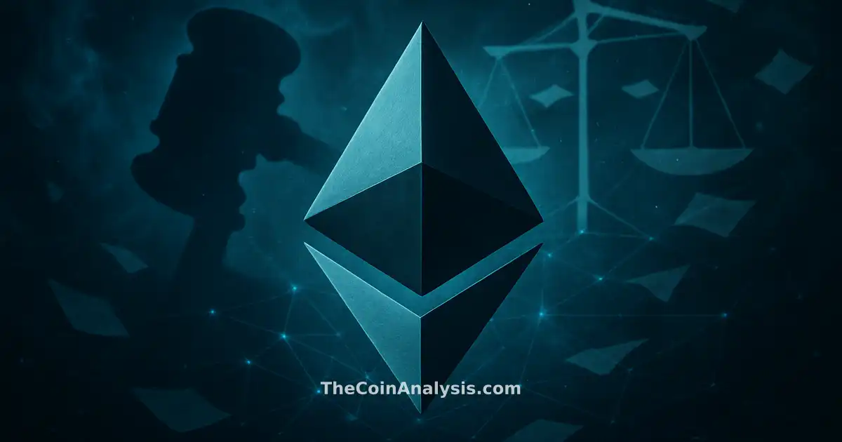 Stylized glowing Ethereum symbol with abstract gavel, scales of justice, and swirling document fragments in navy teal.
