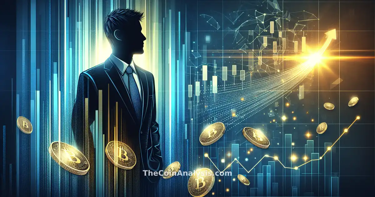 Suited male silhouette spotlighted against tech gradient with abstract crypto coins and fluctuating line graph