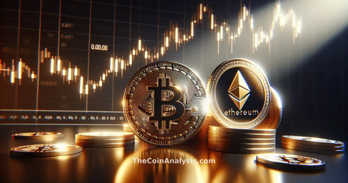 3D glossy Bitcoin and Ethereum coins illuminated by rim light with candlestick chart shadows in background