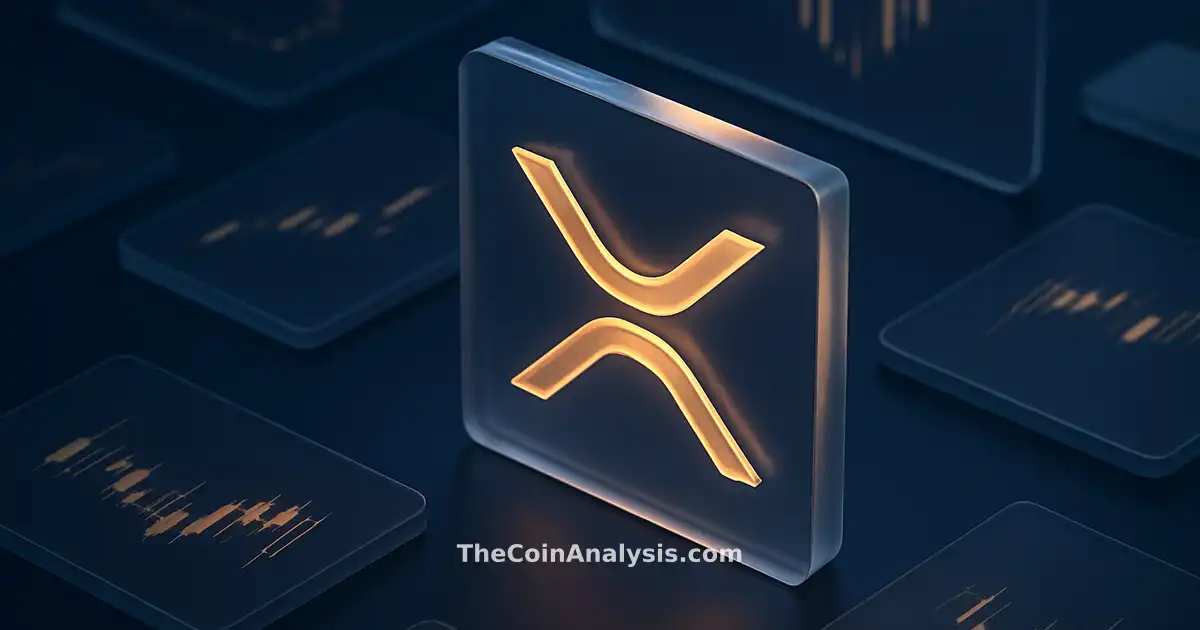 Isometric digital illustration of frosted glass XRP token with amber holographic accents and fading market candle charts