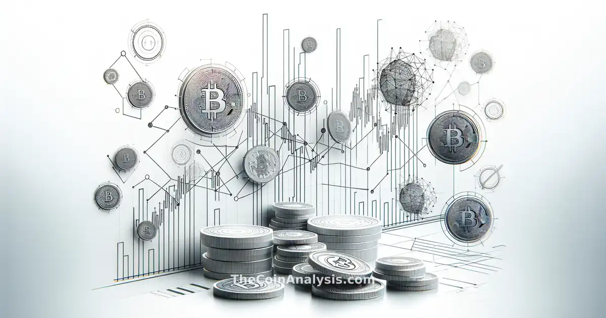 Abstract digital coins merging with geometric financial graph lines on a white minimalist background.