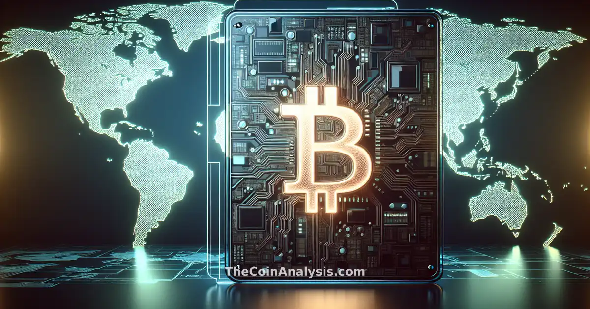 Glassmorphic card with glowing Bitcoin symbol over stylized Middle East map in tense, modern blue tones