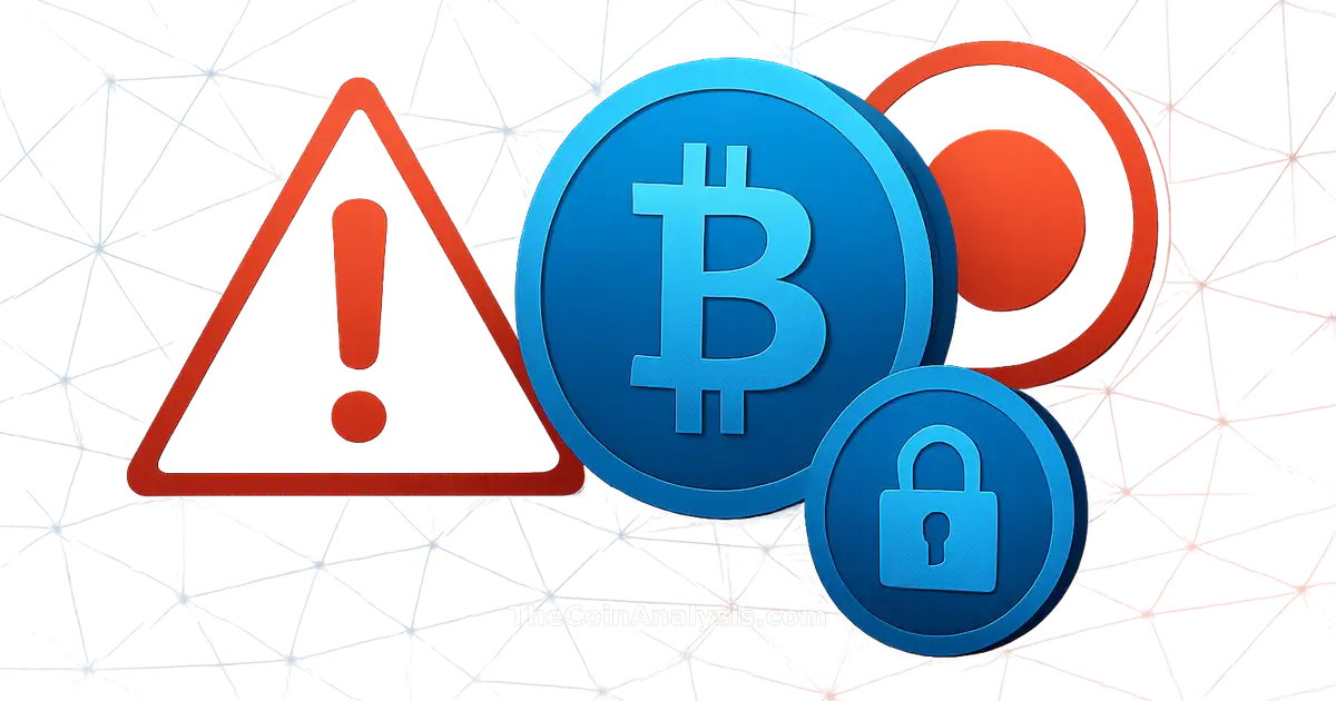 Abstract digital coins with Polygon network logos, security warning icons, and blue-red dynamic breaking news graphics