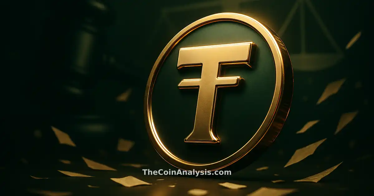 3D glossy stylized TRUMP crypto symbol with abstract gavel, scales of justice, and swirling document shards on dark backdrop