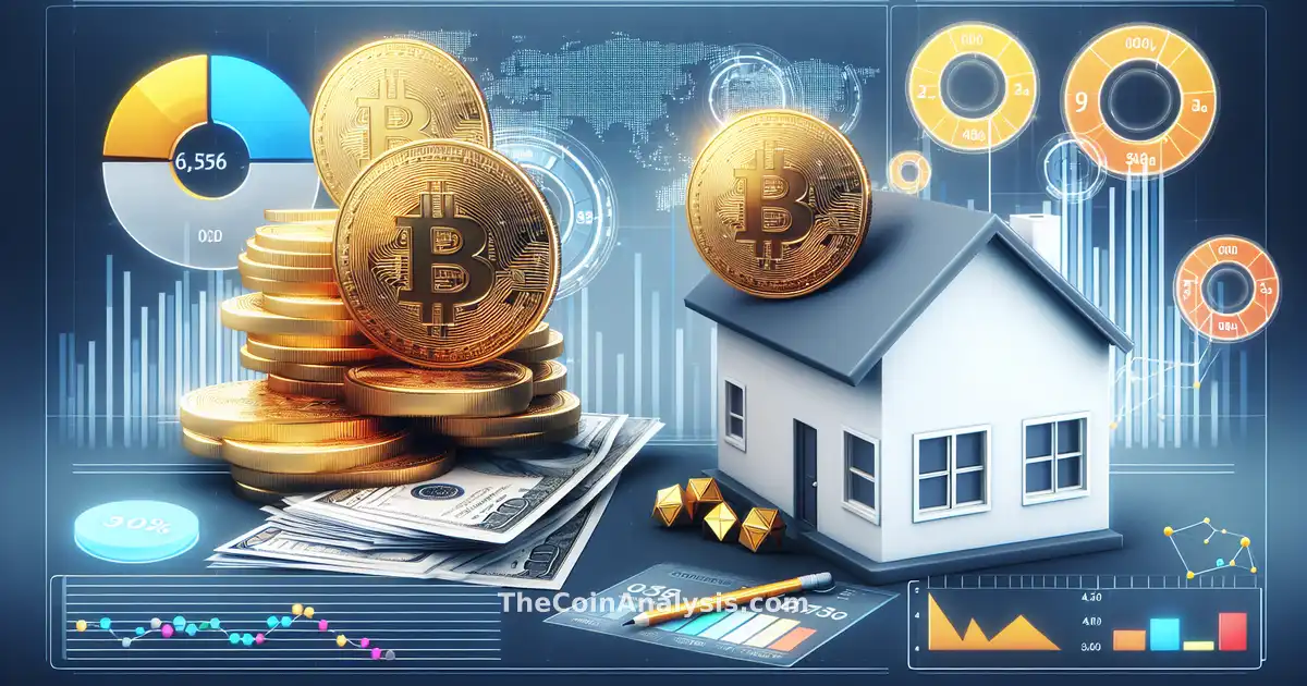 House with golden cryptocurrency coins overlayed on rising financial charts in a professional news broadcast style