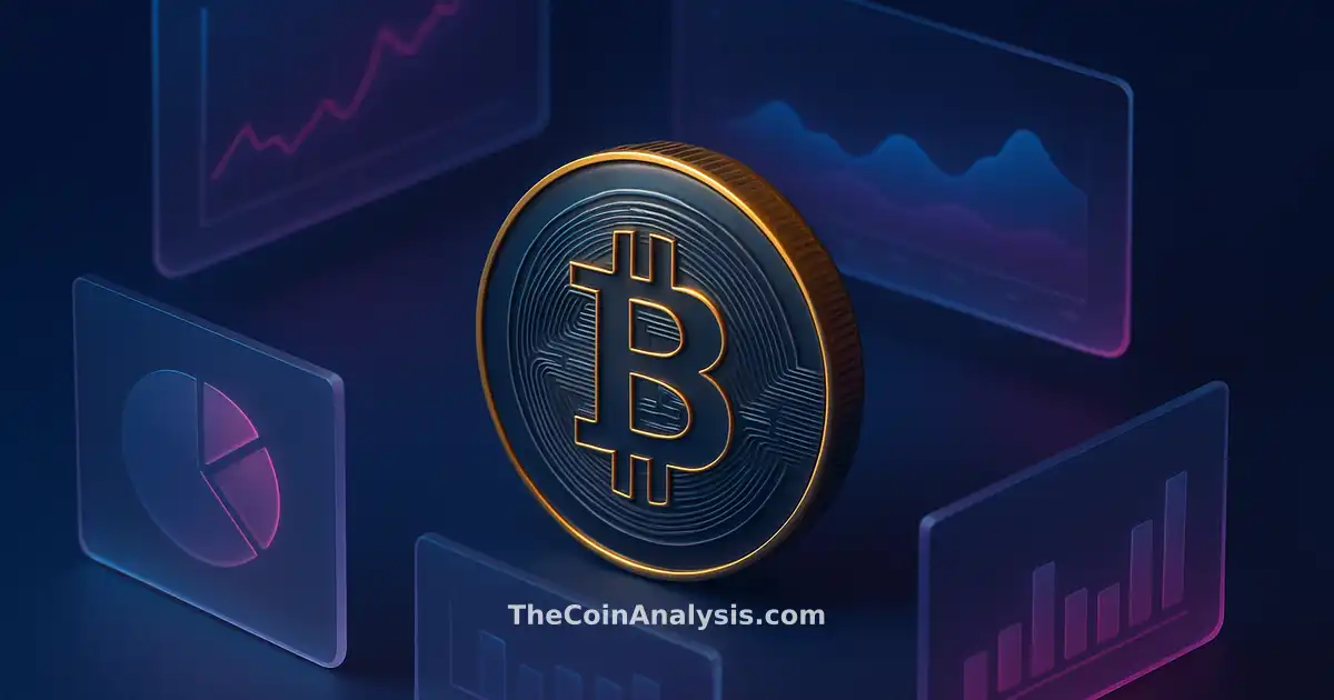 Isometric Bitcoin coin with golden rim lighting, floating frosted-glass panels, and holographic asset flow visuals.