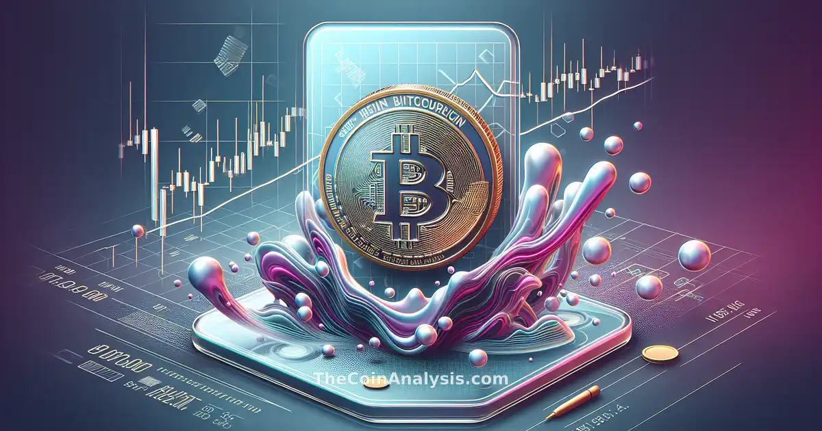 Glassmorphic card with descending Bitcoin coin, bearish red market chart, and abstract flowing liquid shapes on dark background