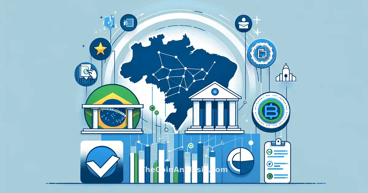 Modern infographic with Brazil map, election icons, paused crypto coins, government building, and blue data charts.