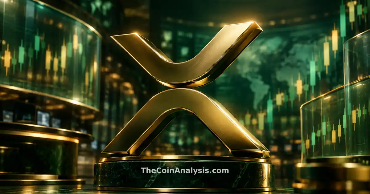 3D glossy XRP symbol lit dramatically, set against frosted glass tickers and abstract candlestick charts in green and gold.