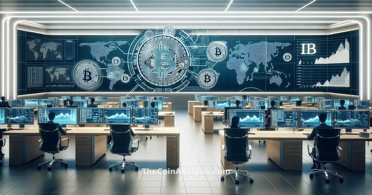 Professional newsroom with digital Bitcoin symbols, stock charts, and Morgan Stanley logo displayed on screens.