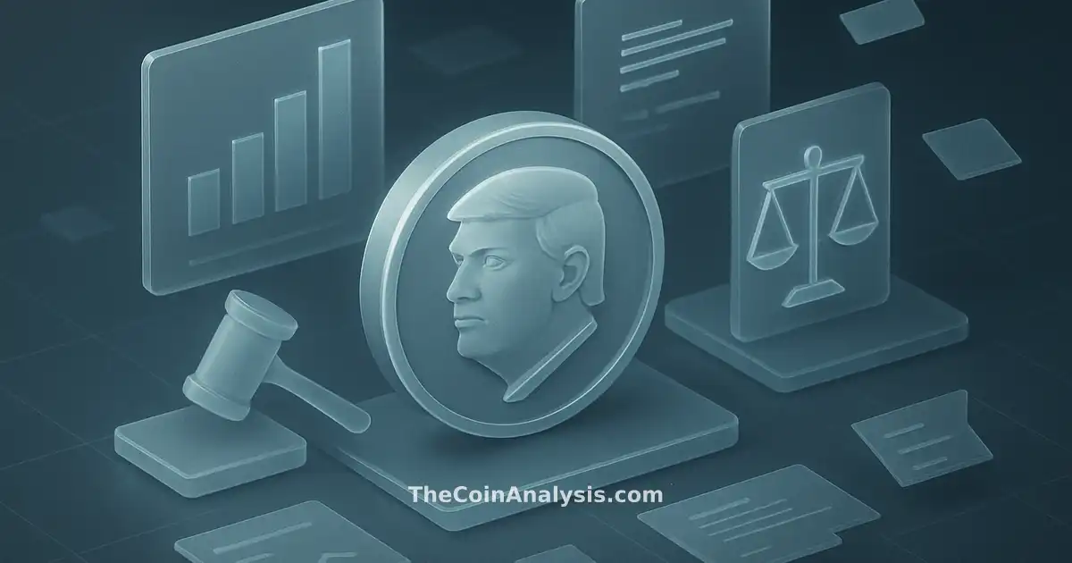 Isometric fintech dashboard with stylized TRUMP coin, frosted-glass gavel, scales of justice, and floating digital documents.
