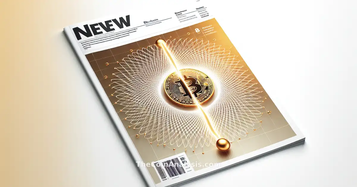 Stylized golden Bitcoin split by a glowing quantum wave over white background with subtle chain links.