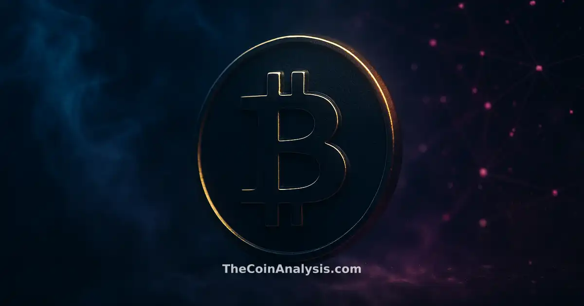 Stylized Bitcoin coin with golden rim light amid glowing network filaments and smoky midnight blue background