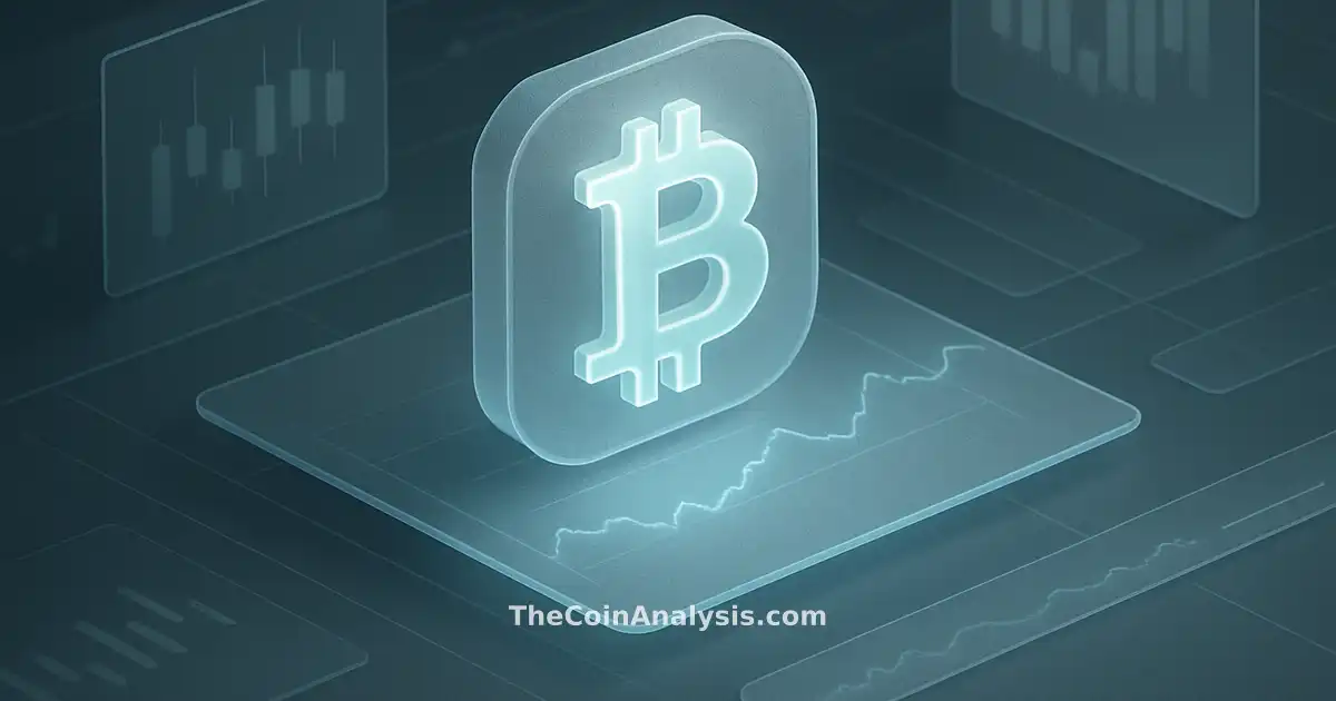 Isometric digital dashboard with luminous Bitcoin symbol, frosted glass panels, candlestick charts, and trading floor elements