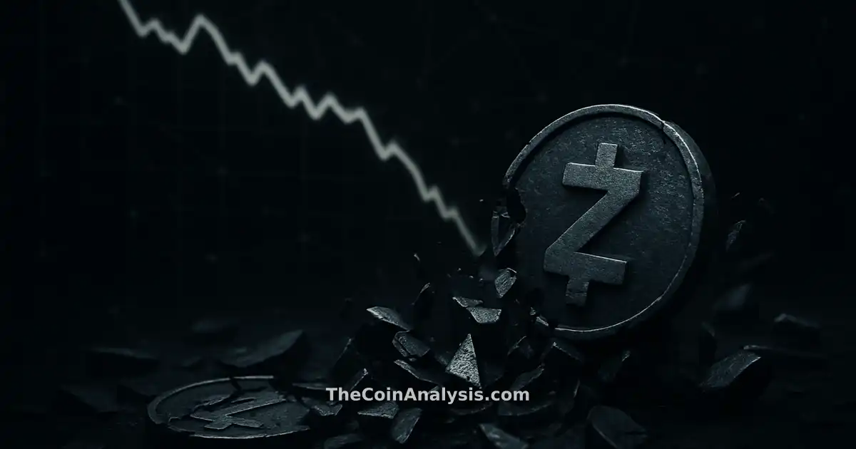 Abstract digital Zcash coins shattering beside a dark, downward-trending price chart with network lines.