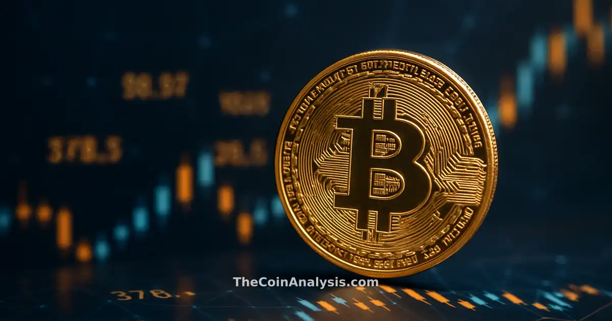 Golden Bitcoin coin balanced on glowing digital chart with numbers and network lines in professional style