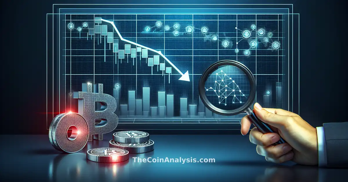 Modern infographic with sharp red downward trend line, digital coins, and magnifying glass over blockchain nodes.