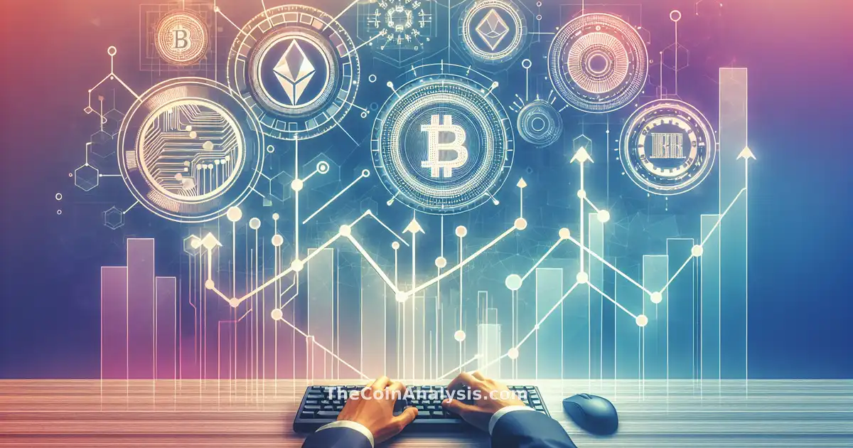 Stylized stablecoins and yield icons overlay blockchain graphics with rising financial charts on a tech gradient background