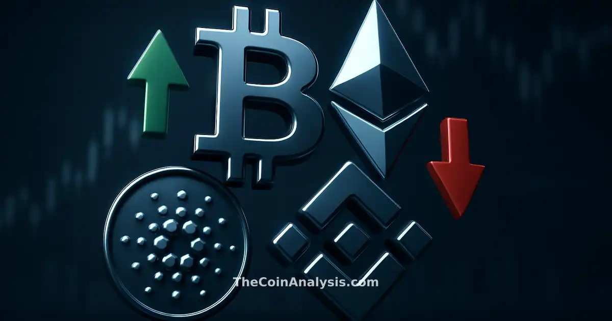 Glossy 3D crypto symbols clustered with green upward and red downward arrows over dark backdrop with candlestick charts