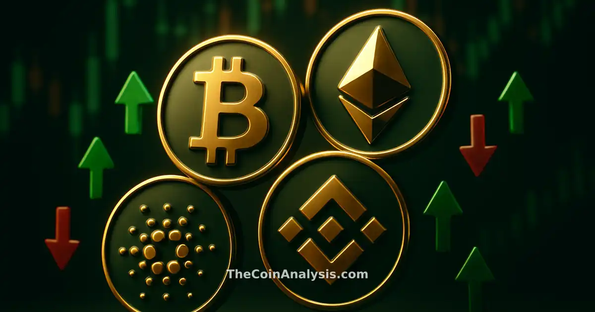 Glossy 3D crypto tokens surrounded by green upward and red downward arrows with blurred market candles background