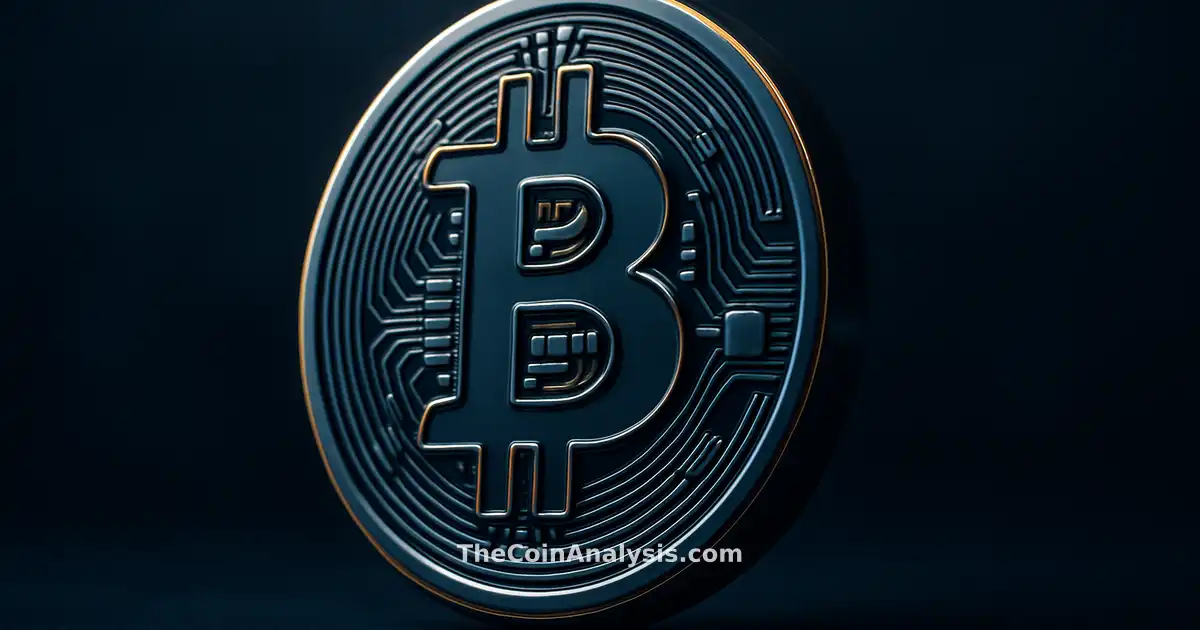 3D glossy Bitcoin coin with golden rim lighting against deep navy backdrop and soft bokeh, cinematic style